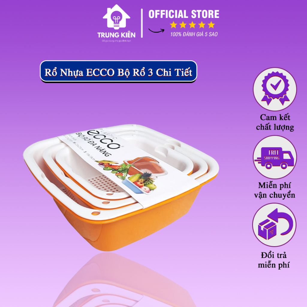 Bộ Rổ 3 Chi Tiết Gia Dụng Trung Kiên - Rổ Nhựa ECCO Chất Liệu Nhựa PP Cao Cấp Đựng Rau, Hoa Quả, Bộ Rổ Đa Năng