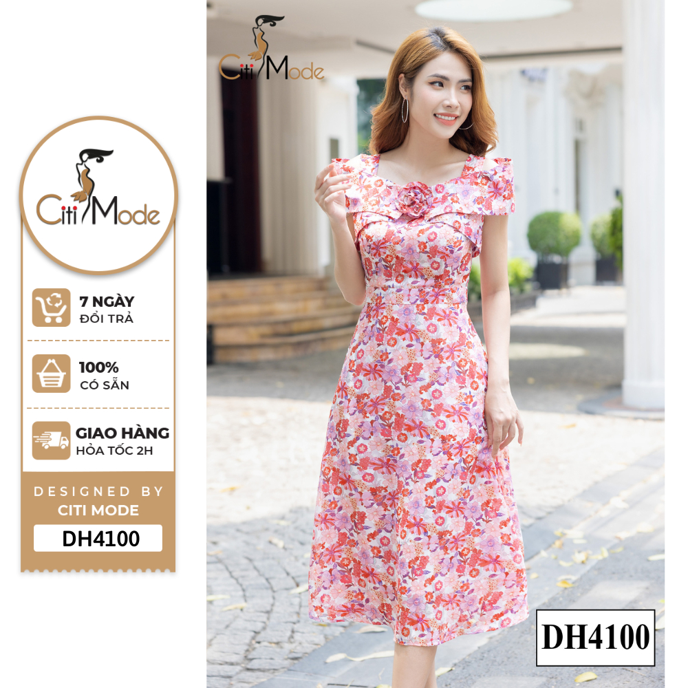 Đầm Công Sở Citi Mode Fashion Thiết Kế Xoè Hoa Hồng Cổ Vuông Đính Hoa Dh4100