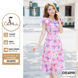 Đầm công sở CITI MODE FASHION thiết kế xoè hoa tím cổ bèo DH4090