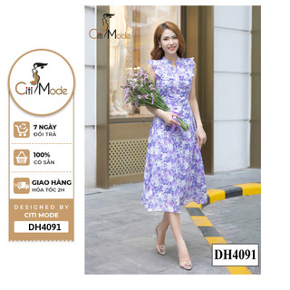 Đầm công sở CITI MODE FASHION thiết kế xoè hoa tím cổ tàu phối bèo ngực DH4091