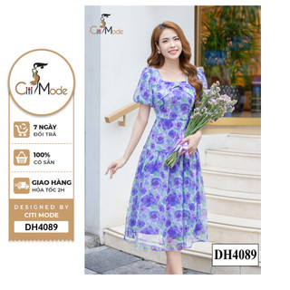 Đầm công sở CITI MODE FASHION thiết kế  xoè hoa tím phối cổ vuông DH4089