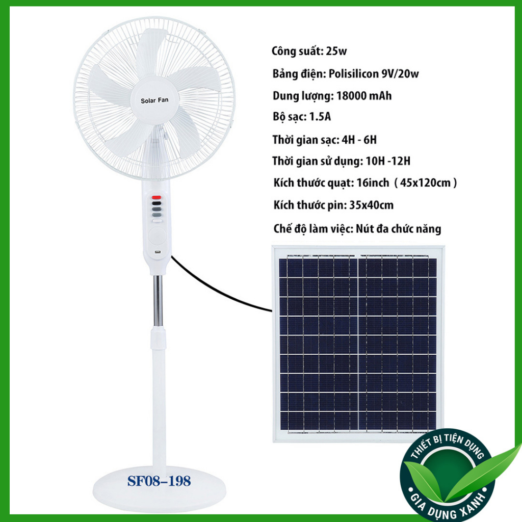 Quạt tích điện năng lượng mặt trời Solar Fan, Quạt kết hợp đèn chiếu sáng và cổng sạc điện thoại mẫu mới 2023 Bền Đẹp