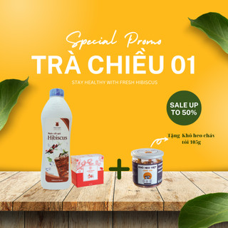 Combo: trà chiều - gồm siro hibiscus 1000ml, mứt hibiscus 100g tặng kèm khô heo cháy tỏi 105g
