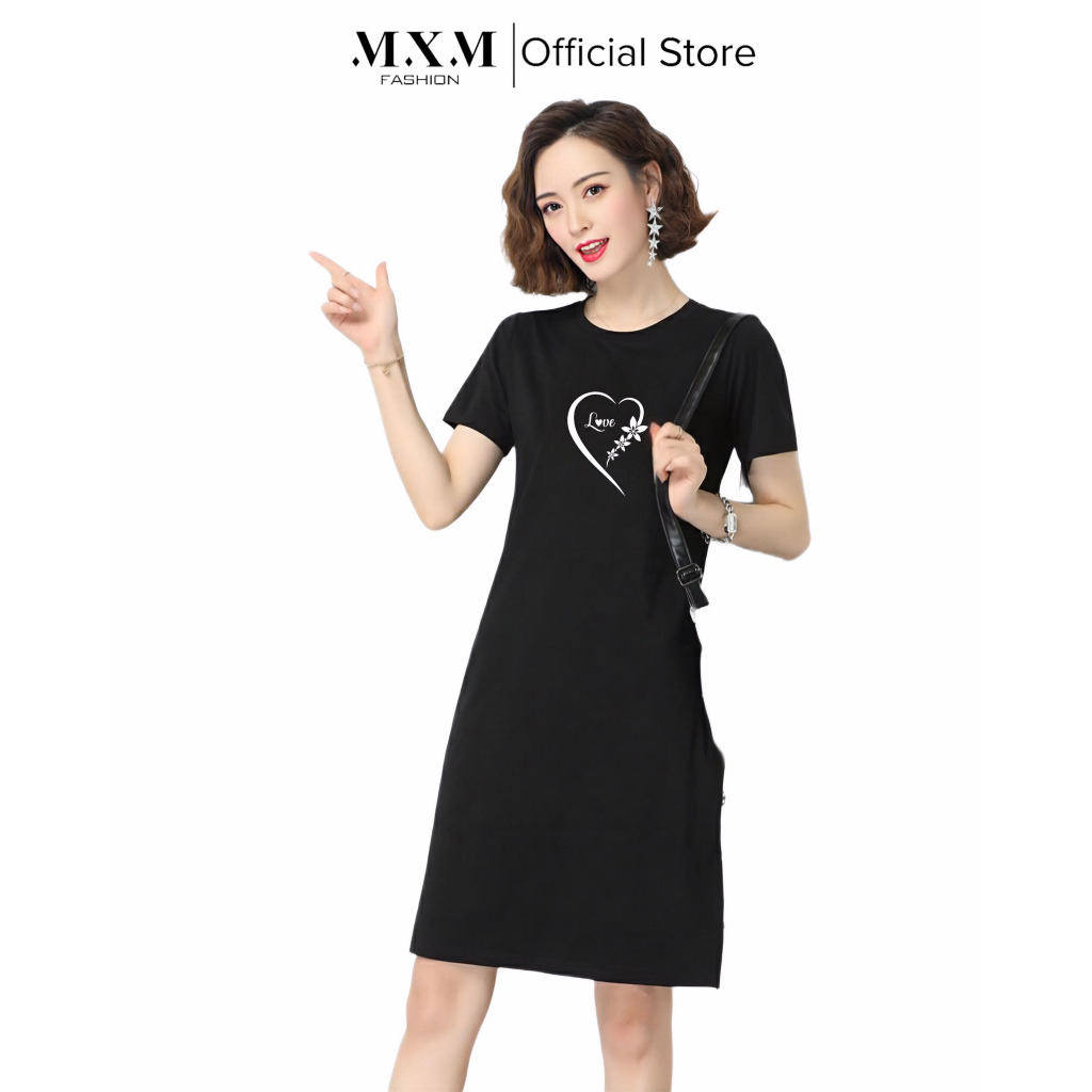 Đầm thun nữ dáng suông MXM cổ tròn xẻ tà in hình dễ thương mã D161