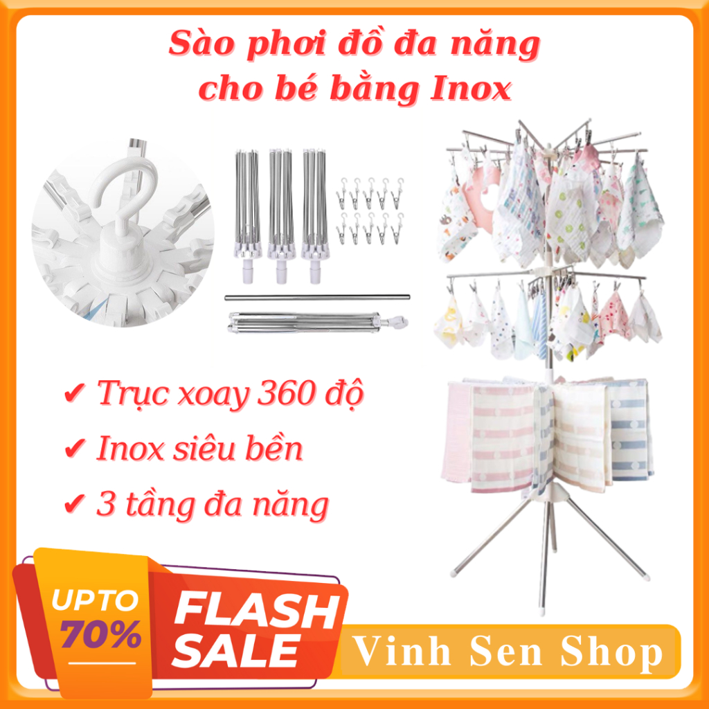 Sào phơi đồ, treo đồ cho trẻ em inox thông minh, gấp gọn đa năng, 3 tầng 80 kẹp cao cấp, tiện lợi cho mẹ, sào siêu bền