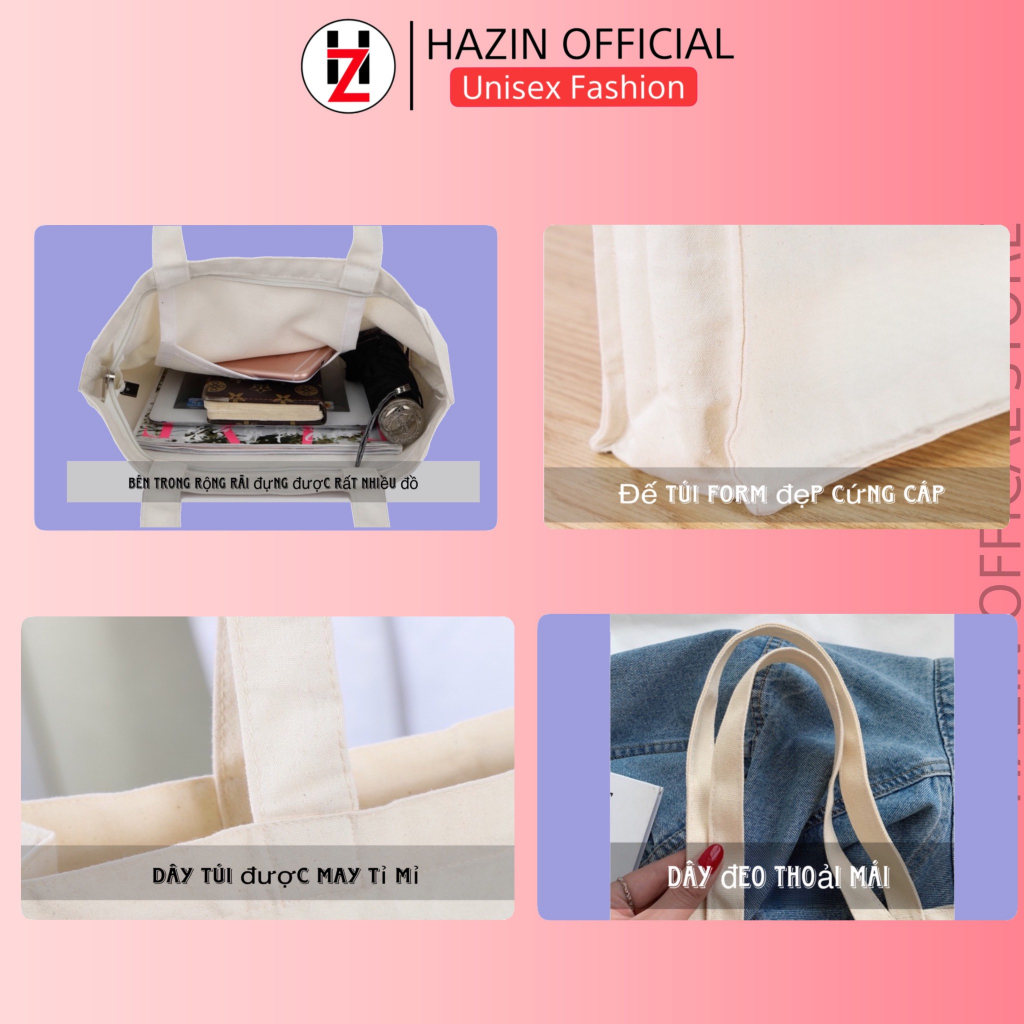 Túi tote HAZIN vải canvas ulzzang unisex đa dạng chữ có khoá miệng đi học đi chơi đựng vừa khổ a4 | BigBuy360 - bigbuy360.vn