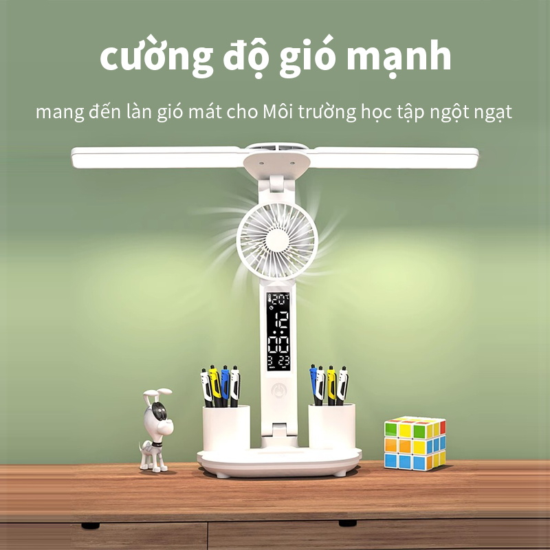 Đèn học tích điện CÓ QUẠT,  chống cận Có màn hình LCD,  Đèn Học CÓ QUẠT hiển thị đa thông tin dung lượng khủng 3200Mh