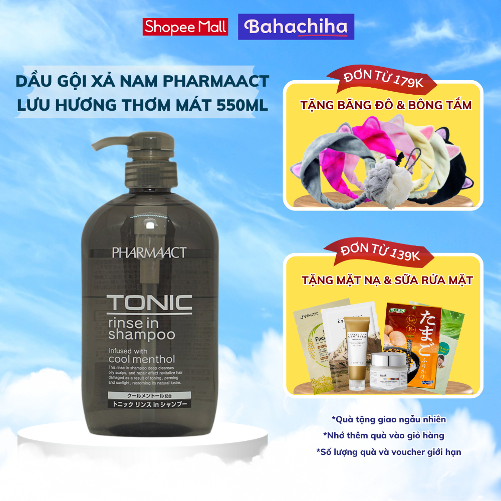 Dầu gội xả nam Pharmaact tonic 550ml tinh chất bạc hà, lô hội mát lạnh sảng khoái Nhật Bản - Bahachiha