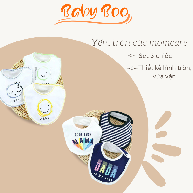 Yếm tam giác cổ tròn momcare cúc bấm set 3 chiếc cho bé, vừa cổ không gây khó chịu - Babyboo