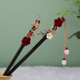 Trâm cài tóc gỗ hoa hồng đỏ phong cách Trung Hoa