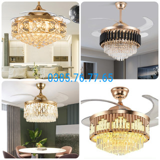 Quạt trần đèn phòng khách cánh cụp xòe, giấu cánh, pha lê + Tặng móc treo, đế ốp + Bảo hành 10 năm