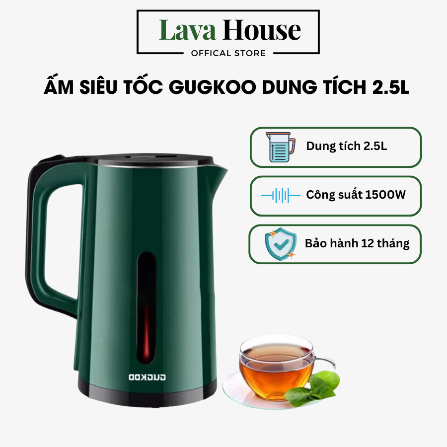 Ấm siêu tốc đun nước Gugkoo dung tích 2.5L, công suất 1500W, 2 lớp cách nhiệt, tự ngắt khi sôi, bảo hành 12 tháng