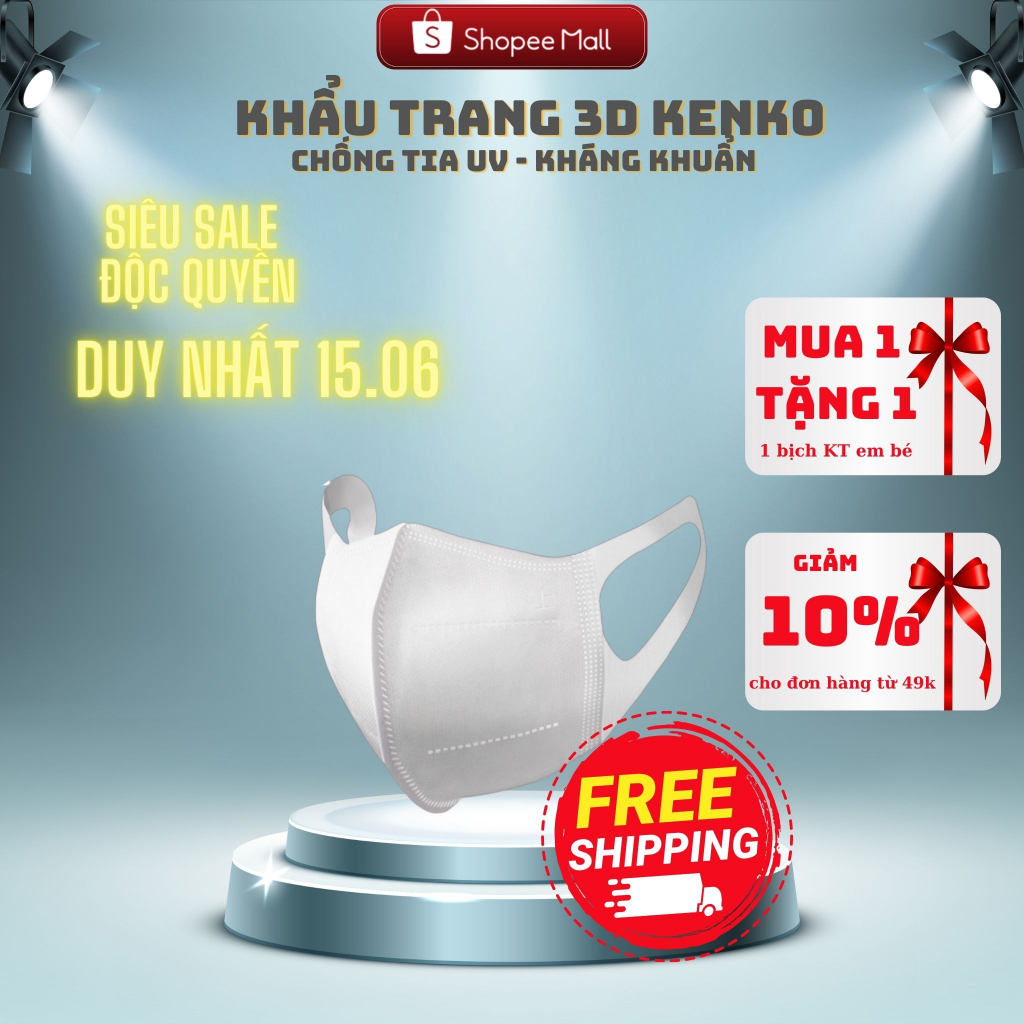 Khẩu Trang Y Tế 3D KENKO Mask Chống Nắng Tia UV Không Gây Đau Tai Chính Hãng