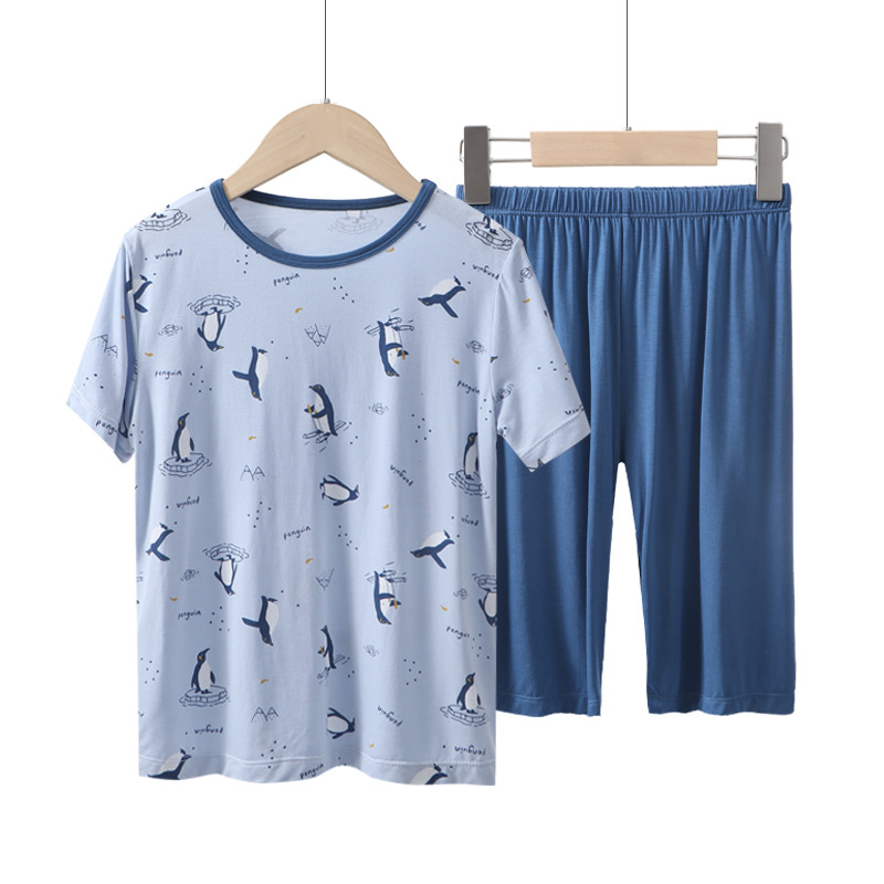 Bộ cộc tay bé trai cotton thun lạnh mùa hè mềm thoáng, mẫu chim cánh cụt MAMDADKIDS