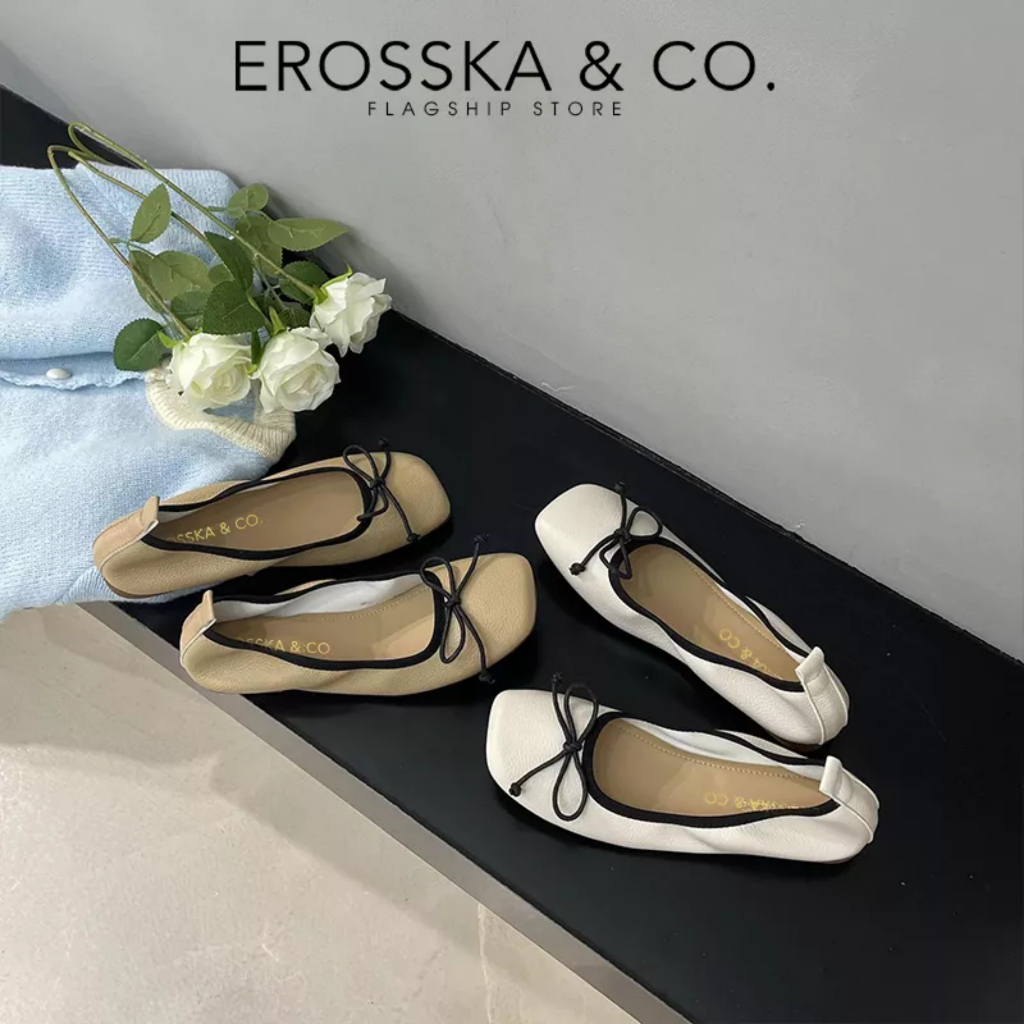 Erosska - Giày búp bê nữ đế bệt kiểu dáng đơn giản gắn nơ màu trắng cao 2cm _ EF017