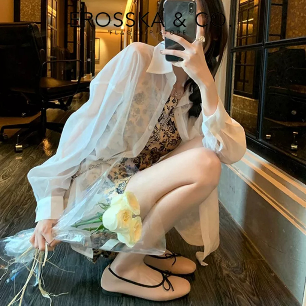 Erosska - Giày búp bê nữ đế bệt kiểu dáng đơn giản gắn nơ màu trắng cao 2cm _ EF017