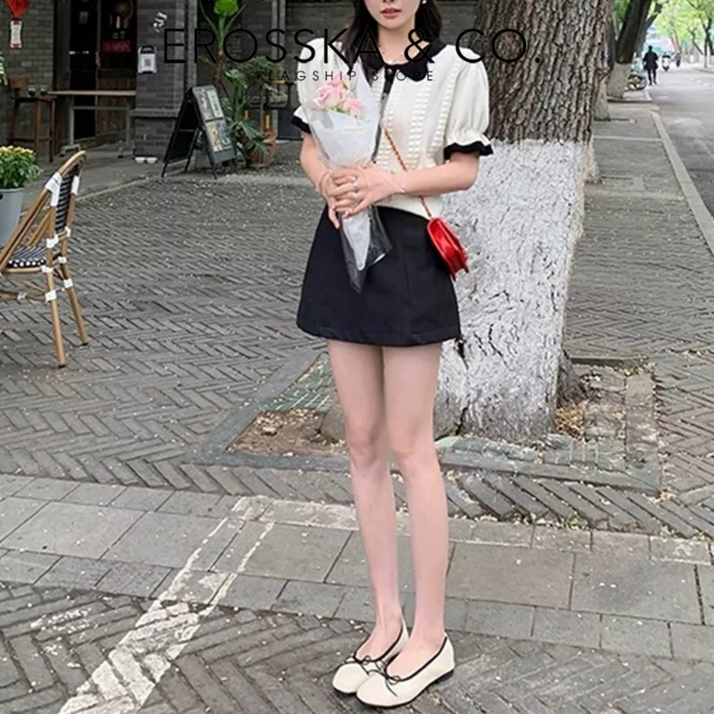 Erosska - Giày búp bê nữ đế bệt kiểu dáng đơn giản gắn nơ màu trắng cao 2cm _ EF017