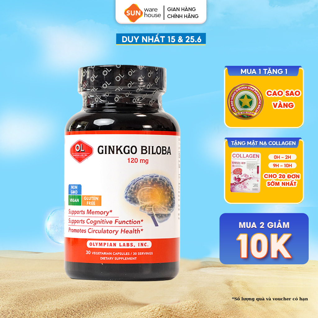 Viên Uống Bổ Não Olympian Labs Ginkgo Biloba 120 mg Tăng Trí Nhớ Hiệu Quả 30 Viên