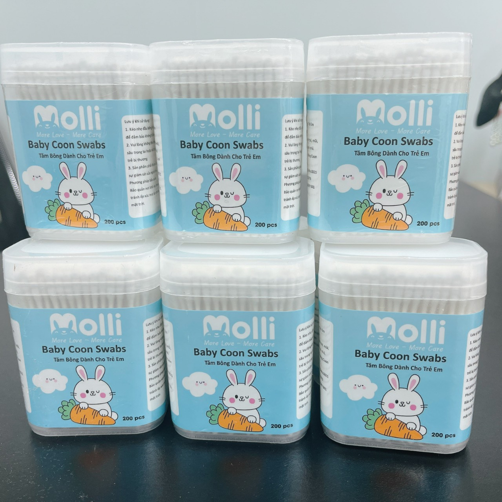 Tăm bông trẻ em Molli kháng khuẩn cho bé sơ sinh ngoáy tai, mũi (hộp 200c lõi giấy)