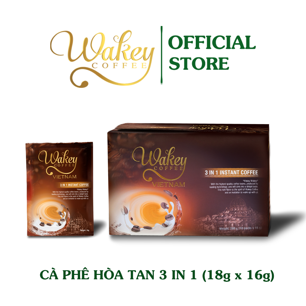 Cà Phê Hòa Tan WAKEYCOFFEE 3 in 1 đậm đà, thơm ngon - Hàng Việt Nam xuất khẩu (18 gói x 16g)