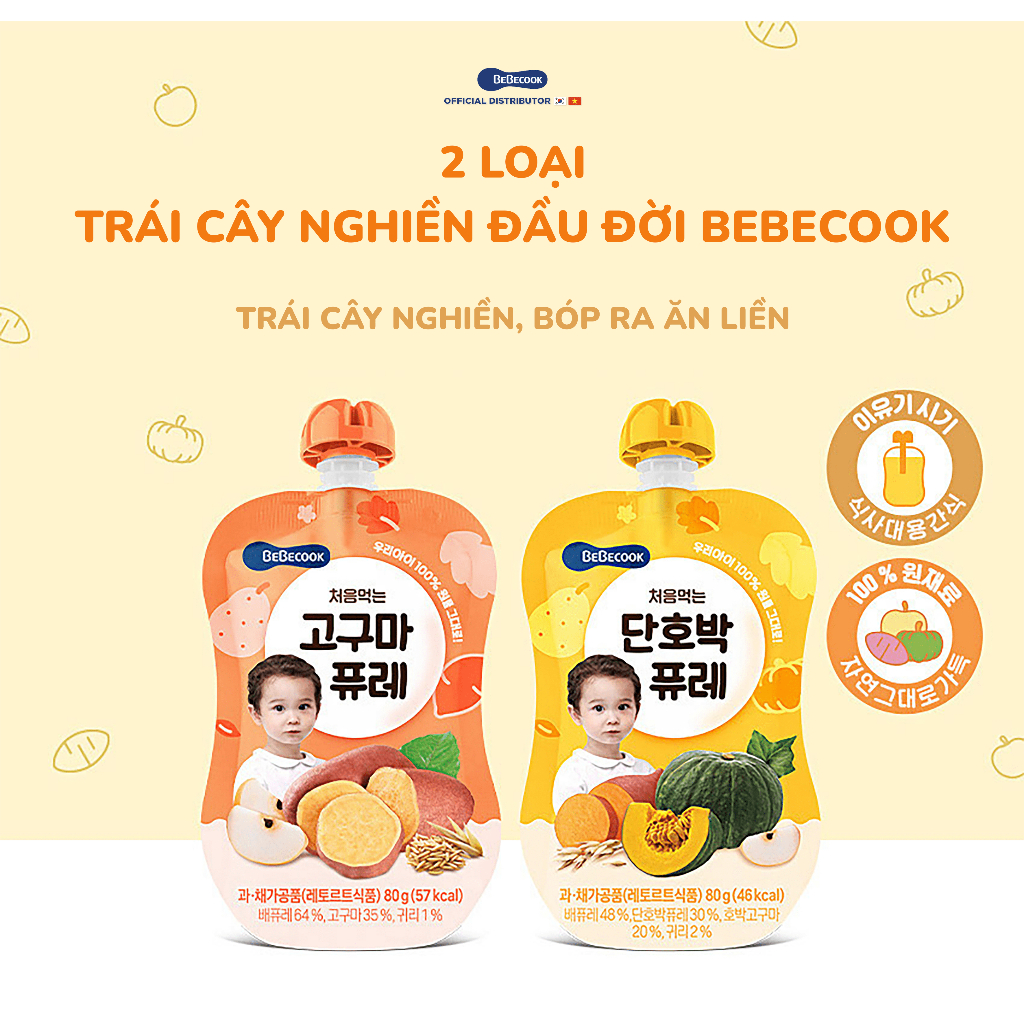 Trái cây nghiền ăn dặm cho bé BeBecook nhiều vị dành cho trẻ 6 tháng 80g/túi