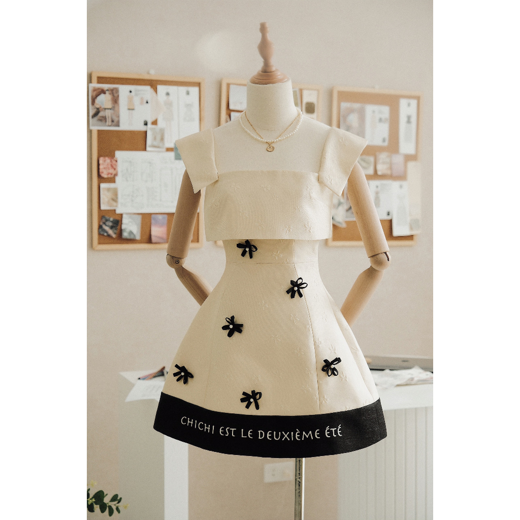 CHICHI - Váy taffta hoa tiêu phối taffta ánh kim đen Robe Adalie