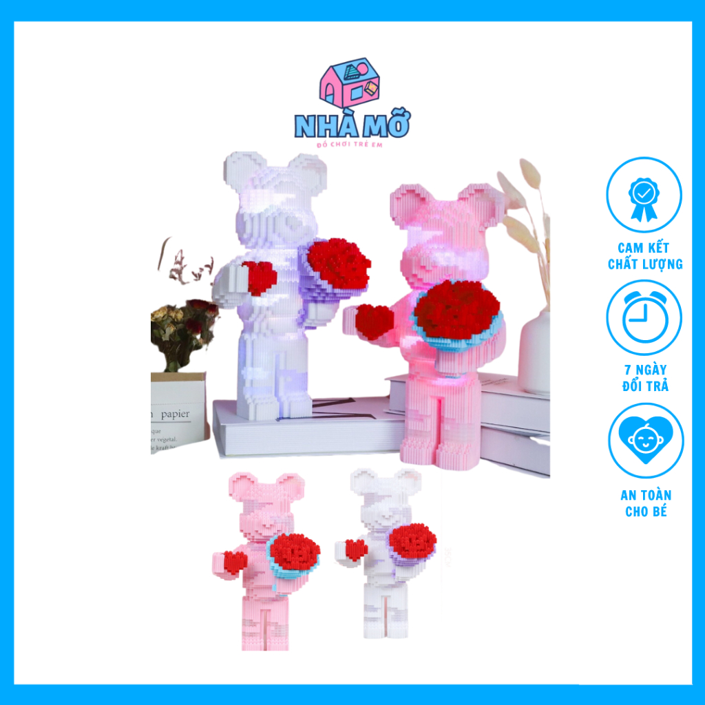 Đồ chơi lắp ráp le.go gấu trắng ôm hoa bearbrick - Đồ chơi xếp hình gấu Bearbrick size to [Size 35cm Tặng búa +đèn]