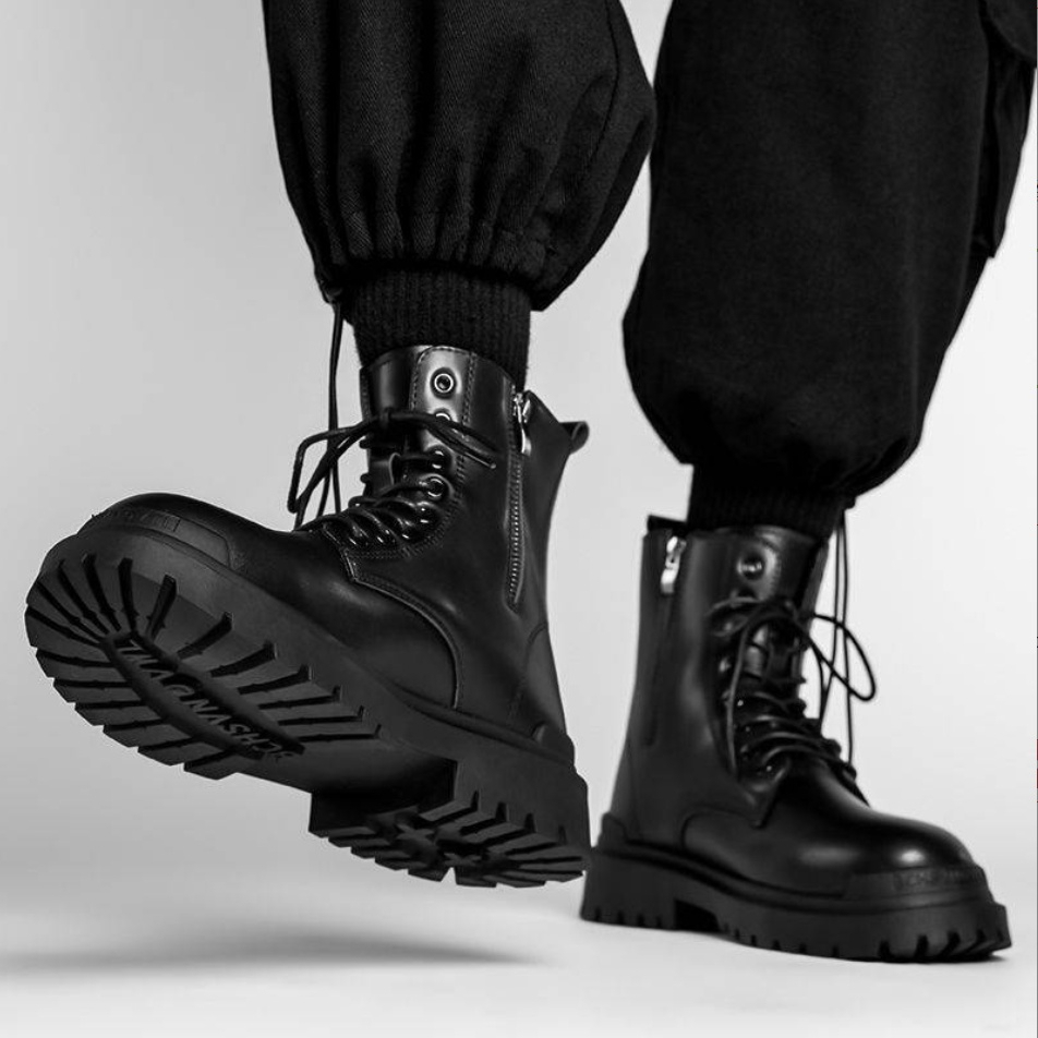 Giày Combat Boots Zip Black, Đế Tăng Chiều Cao, Tăng 3,5cm