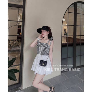 Váy áo 2 dây kẻ mix chân váy trắng Kiều Trang