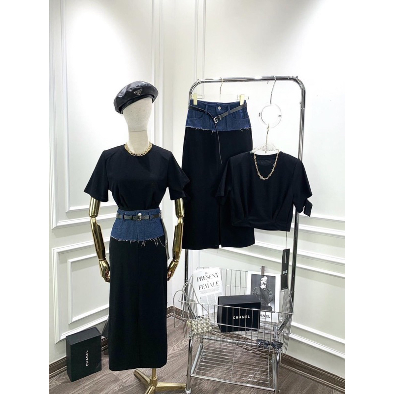 Set áo coprop và chân váy dài phối jean