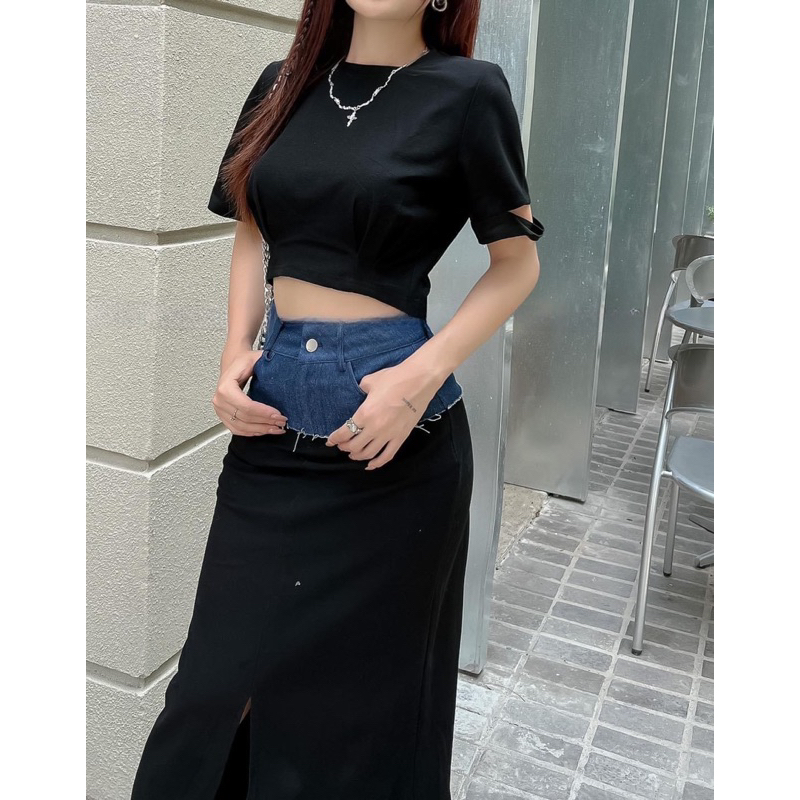 Set áo coprop và chân váy dài phối jean