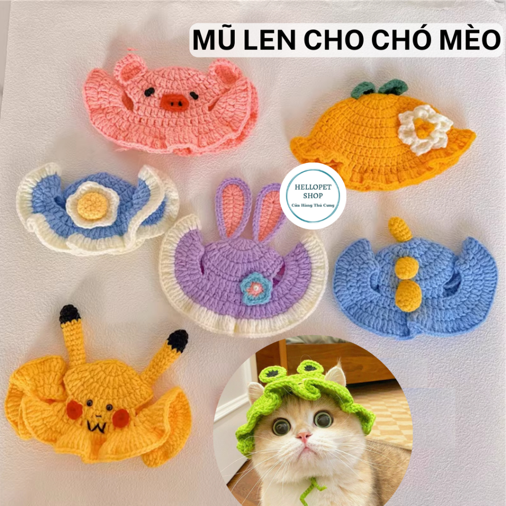 Mũ len cho chó mèo, Nón len cho thú cưng nhiều màu dễ thương, Mũ cho chó, mũ cho mèo, Phụ kiện chó mèo HELLOPET