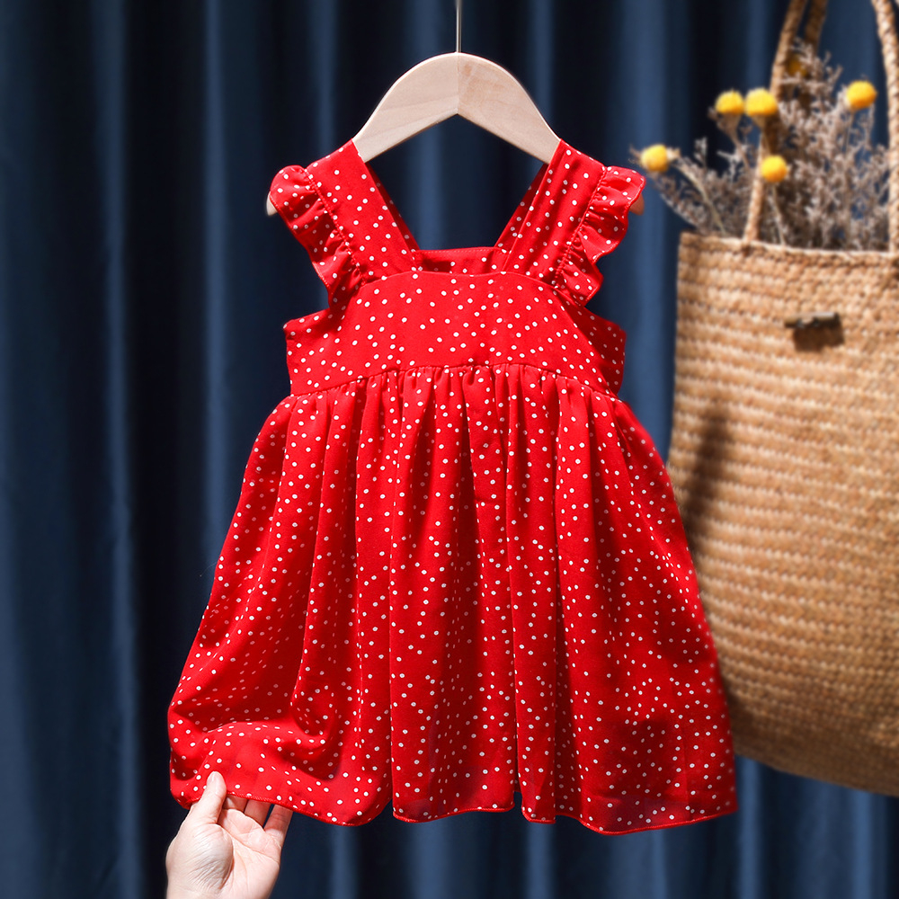 VÁY CHO BÉ GÁI MÀU ĐỎ CHẤM BI TRẮNG CÁNH TIÊN ĐẦM BÉ GÁI VÁY ĐI HỌC CHO BÉ GÁI