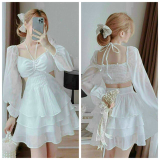 Đầm váy trắng đi tiệc,cổ kiểu buộc yếm dáng xòe thiết kế hở lưng ôm eo tay dàitôn dáng esthershop