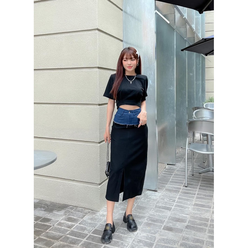 Set áo coprop và chân váy dài phối jean