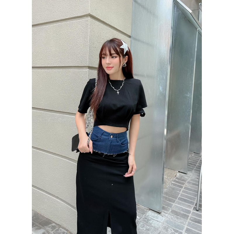 Set áo coprop và chân váy dài phối jean