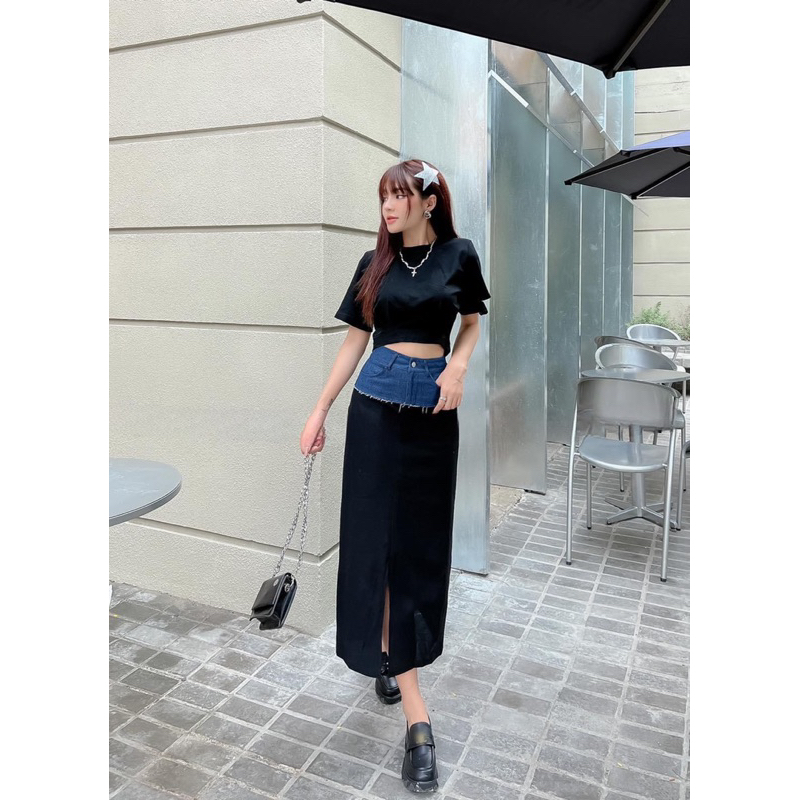 Set áo coprop và chân váy dài phối jean