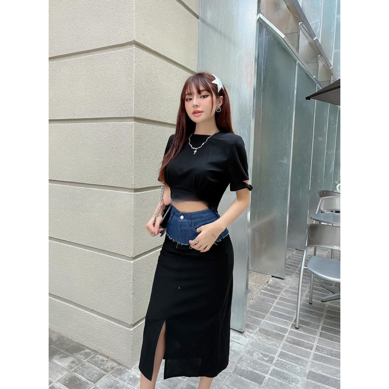 Set áo coprop và chân váy dài phối jean