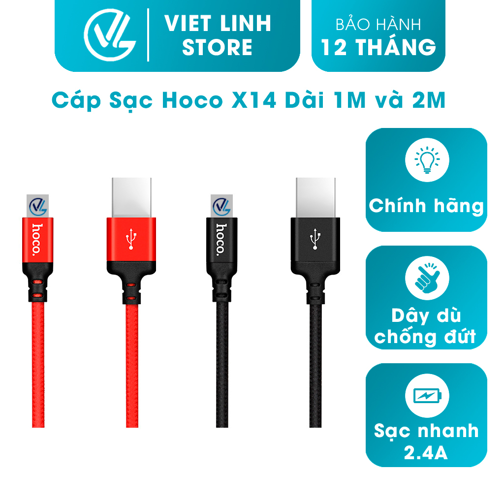 Dây cáp sạc nhanh X14 hỗ trợ truyền dữ liệu, dây dù chống đứt, sạc nhanh 2.4A chiều dài 1m/2m - Việt Linh Store