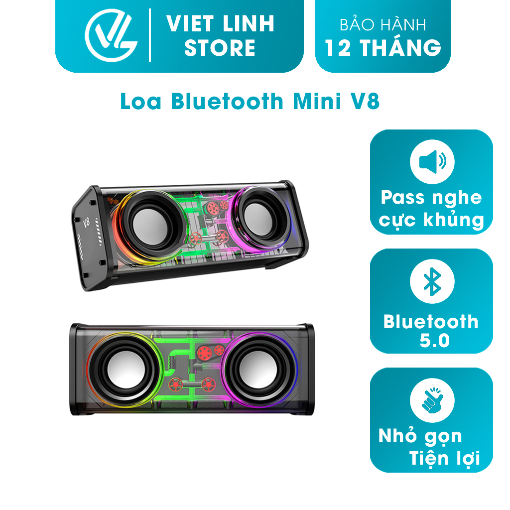 Loa Bluetooth Không Dây V8 Mini Cầm Tay Công Suất Lớn, Âm Thanh Hay, Tích Hợp Đèn Led Nháy Theo Nhạc