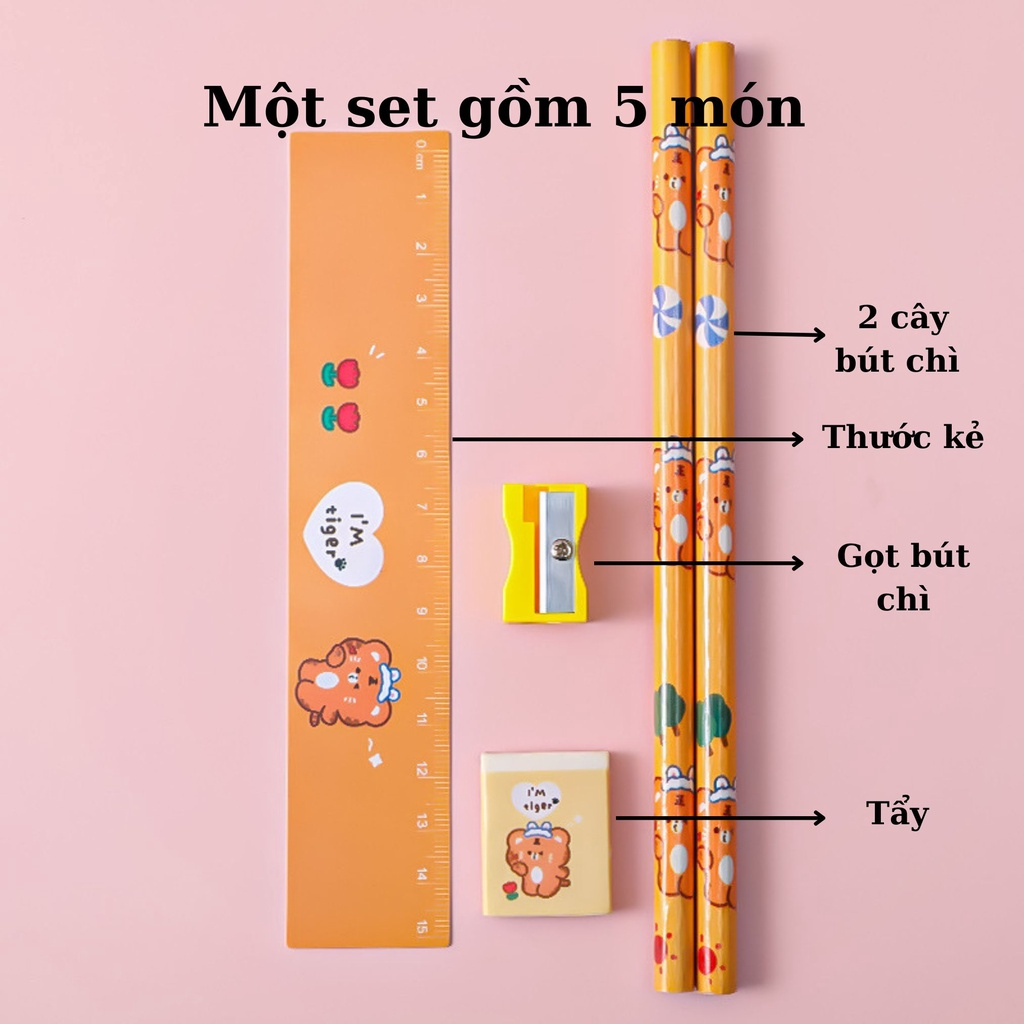 Bộ Đồ Dùng Học Tập 5 Món Gồm Bút Chì + Tẩy + Thước Kẻ + Gọt Bút Chì Cho Học Sinh Nhỏ Gọn Tiện Dụng