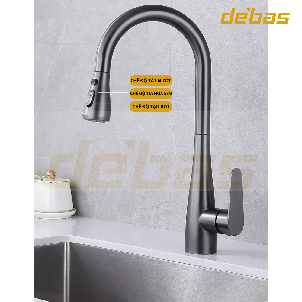 Vòi rửa bát dây rút đồng mạ nano xám hàng đúc nặng cao cấp tặng dây cấp inox nóng lạnh Debas V756X