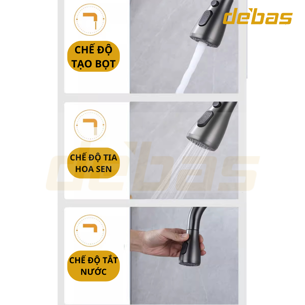 Vòi rửa bát dây rút đồng mạ nano xám hàng đúc nặng cao cấp tặng dây cấp inox nóng lạnh Debas V756X