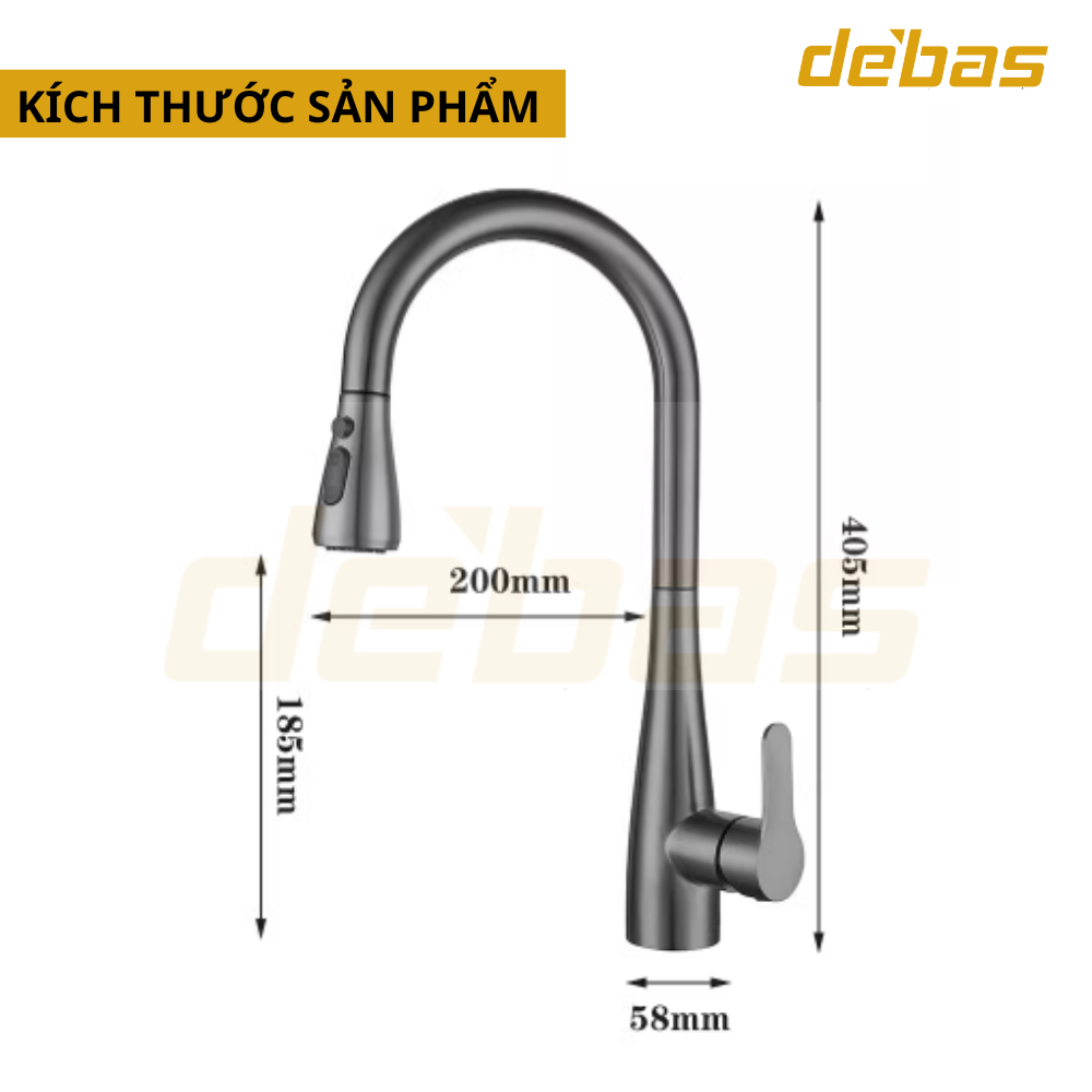 Vòi rửa bát dây rút đồng mạ nano xám hàng đúc nặng cao cấp tặng dây cấp inox nóng lạnh Debas V756X