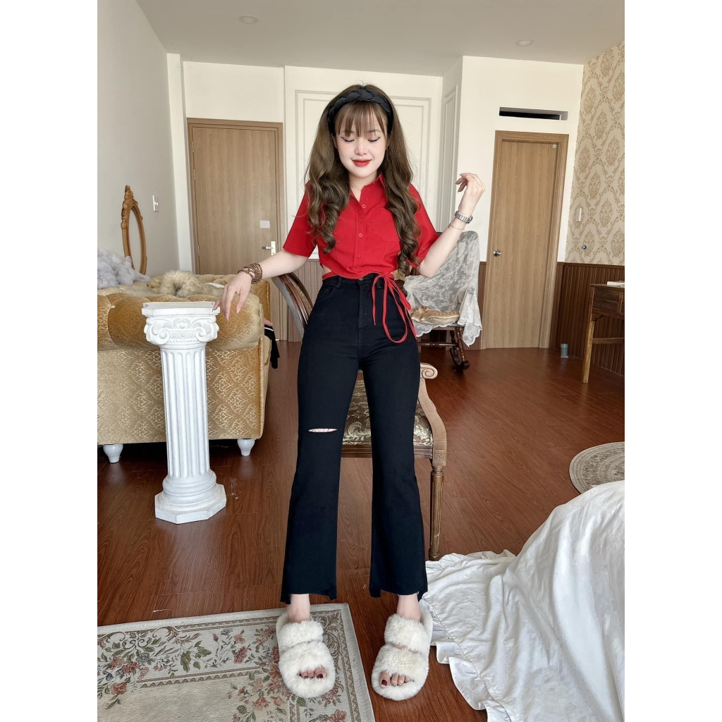ÁO SƠ MI CROPTOP CÓ DÂY CỘT EO