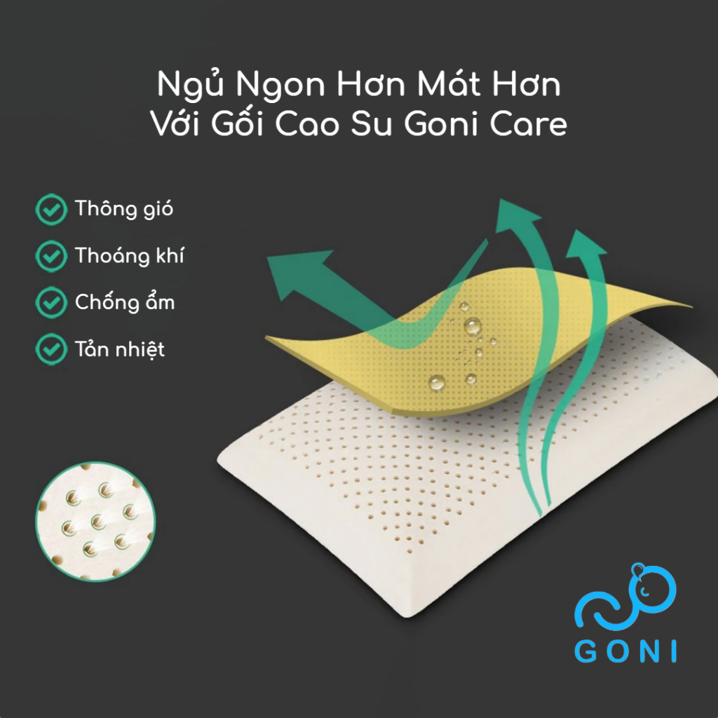 Gối Cao Su Thiên Nhiên Goni Care 40x60cm Đàn Hồi Cao, Kháng Khuẩn, Thoáng Khí, Chống Đau Vai Gáy