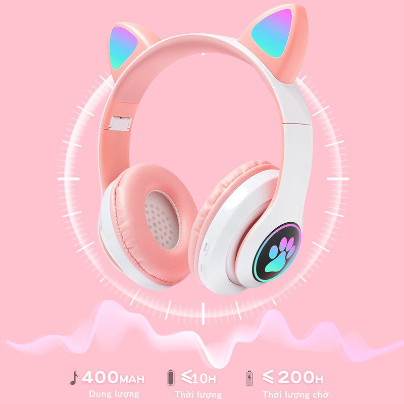 Tai nghe gaming mèo tai nghe bluetooth không dây mèo có mic chơi game học online headphone chụp tai đệm em thoáng khí