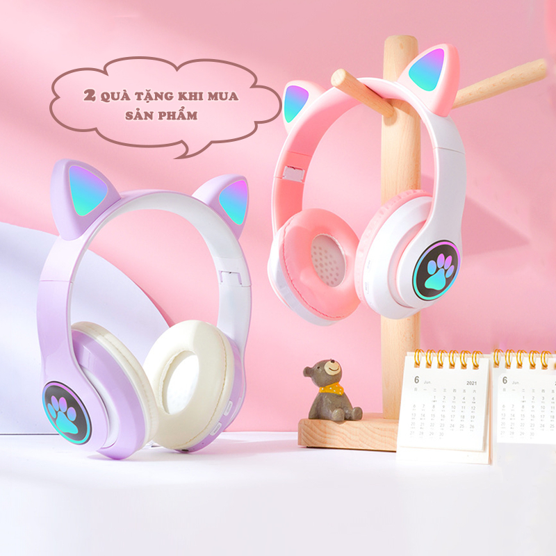 Tai nghe gaming mèo tai nghe bluetooth không dây mèo có mic chơi game học online headphone chụp tai đệm em thoáng khí