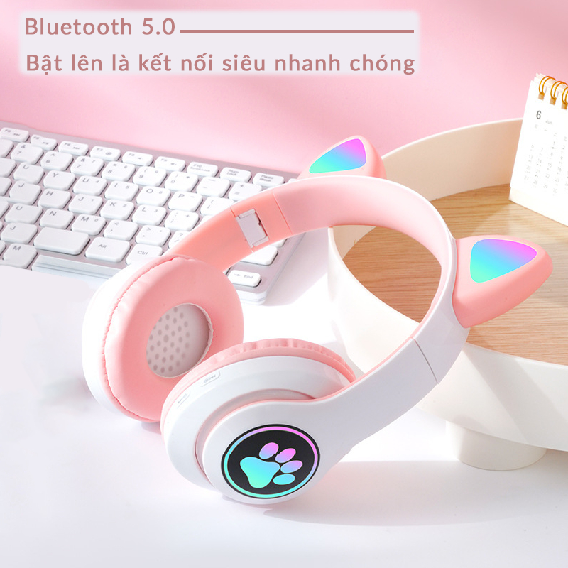 Tai nghe gaming mèo tai nghe bluetooth không dây mèo có mic chơi game học online headphone chụp tai đệm em thoáng khí