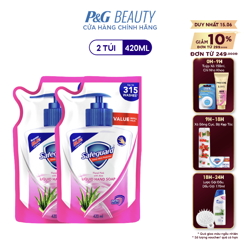 Combo 2 Nước Rửa Tay SAFEGUARD Sạch 99,9% Vi Khuẩn & Dịu Nhẹ Cho Da Túi 420ml Hoa Hồng Lô Hội